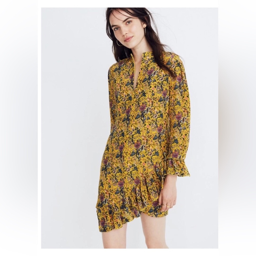 Madewell x Karen Walker Loretta Silk Floral Ruffle Mini Dress Yellow Size 2